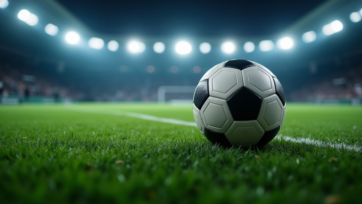 Een voetbal op een groen veld onder de lichten van het stadion.