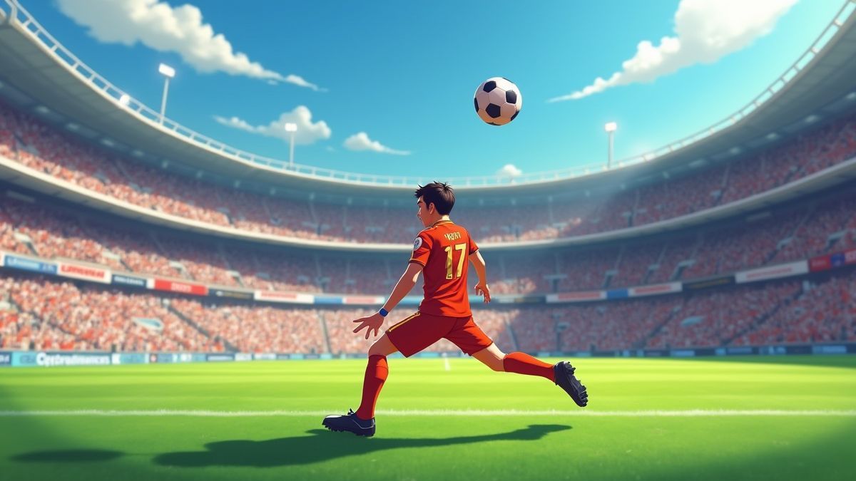 Een geanimeerde voetballer die een penalty schiet in een levendige stadionsetting.