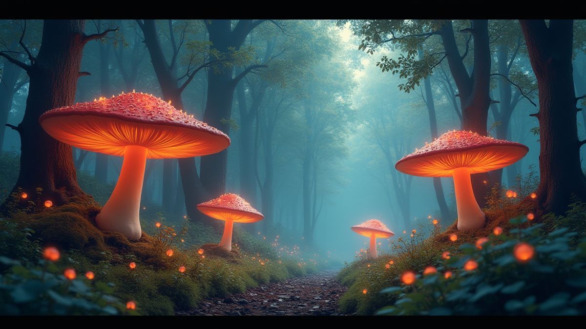 Cena de uma floresta mágica com cogumelos gigantes e árvores brilhantes.
