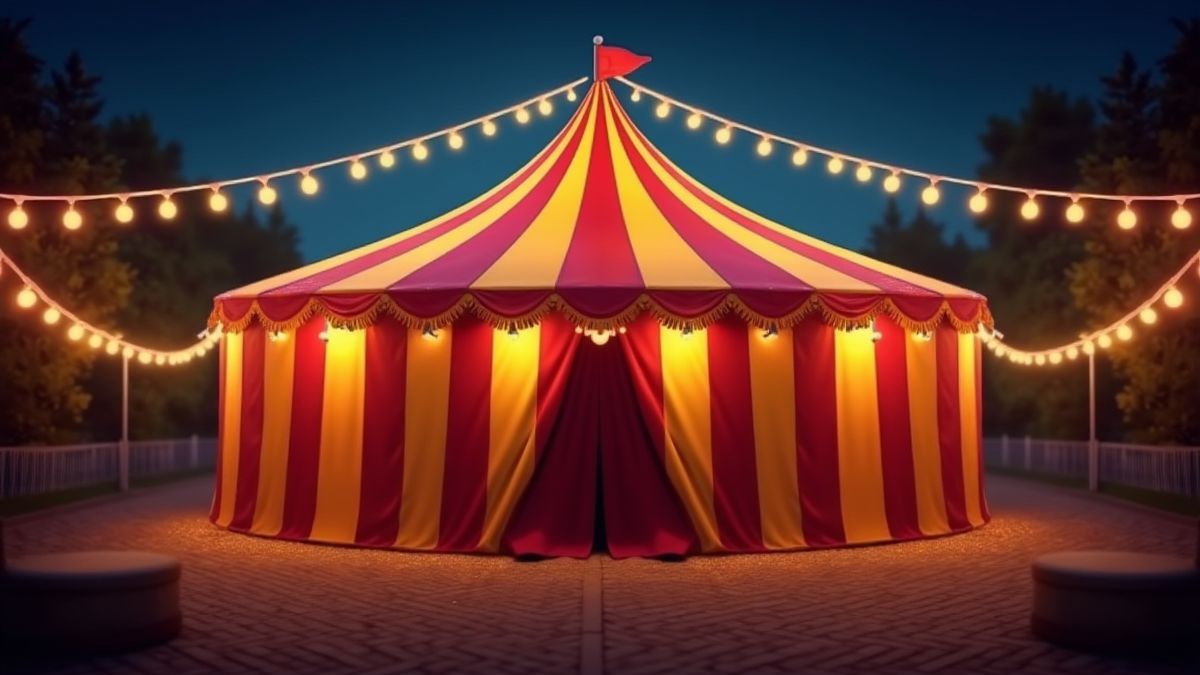 Tenda de circo clássica com luzes festivas.