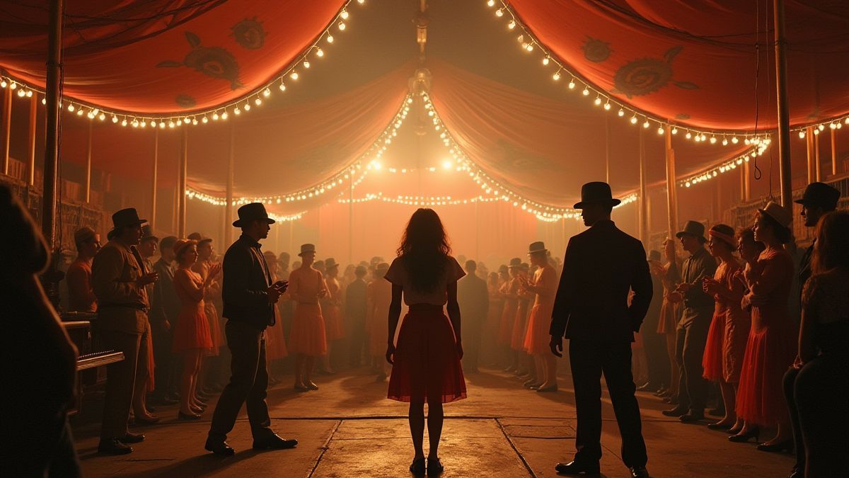 Cena nostálgica de um circo com artistas e acessórios clássicos.