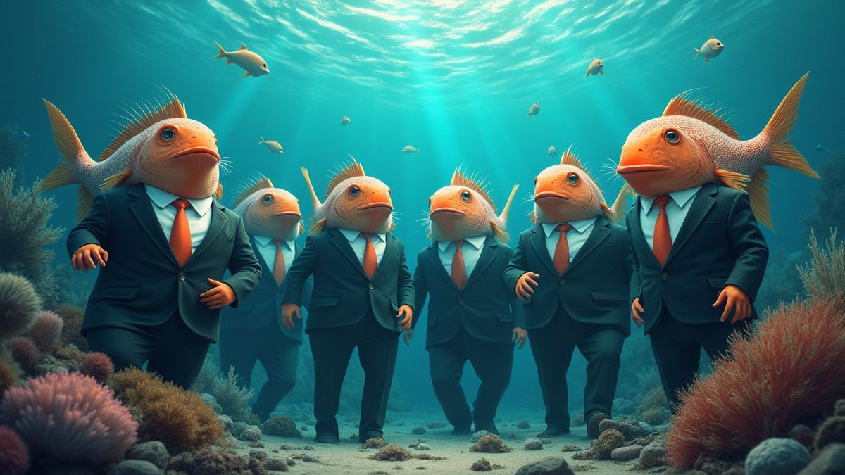 Vissen gekleed als maffiosi in een onderwaterscenario.