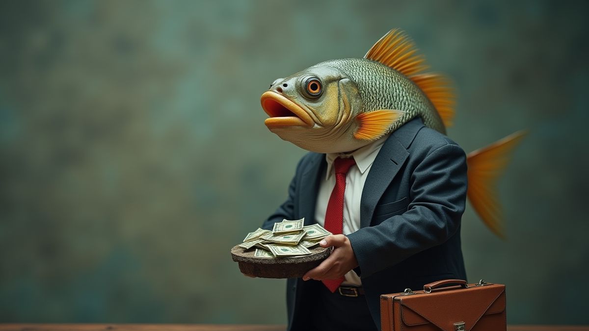 Vis gekleed als maffia-baas met een aktetas vol geld.