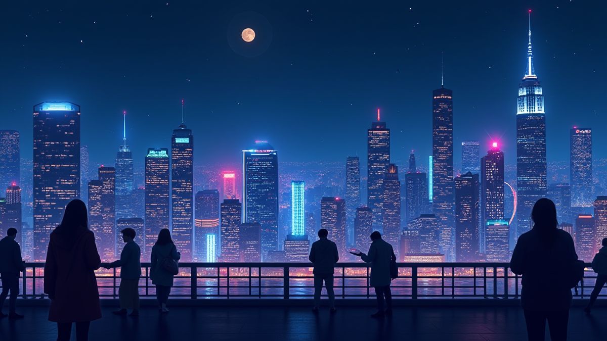 Vue d'une ville illuminée par des lumières néon pendant la nuit.