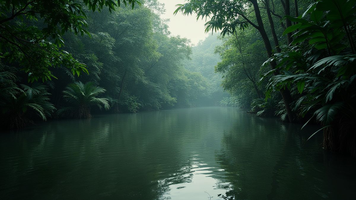 Dark lagoon surrounded by a dense jungle.