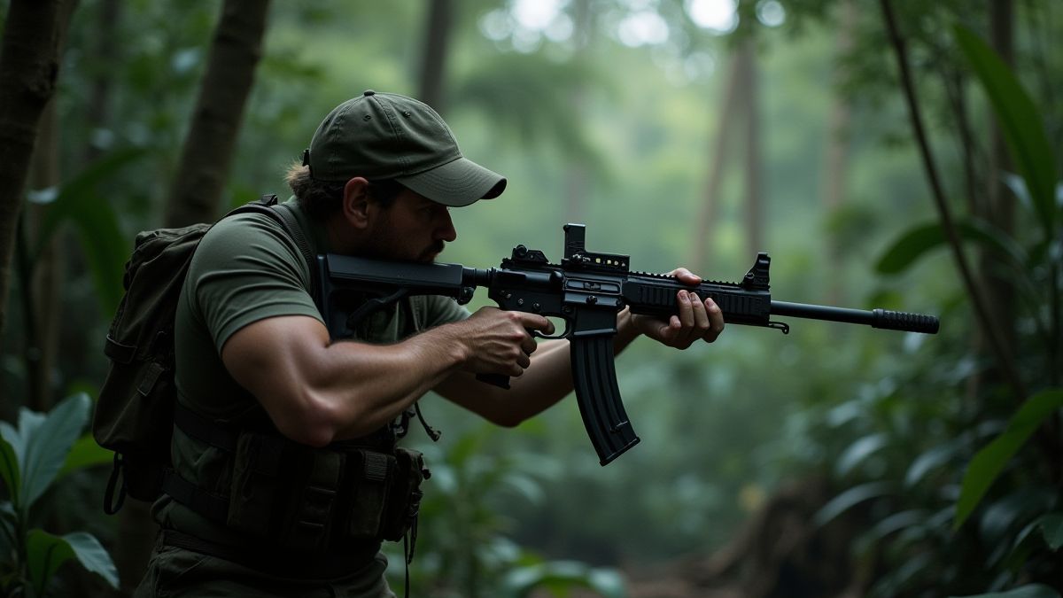 Hunter aiming with a harpoon in the jungle.