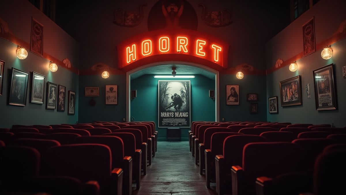 Classic cinema showing a horror movie poster in black and white.