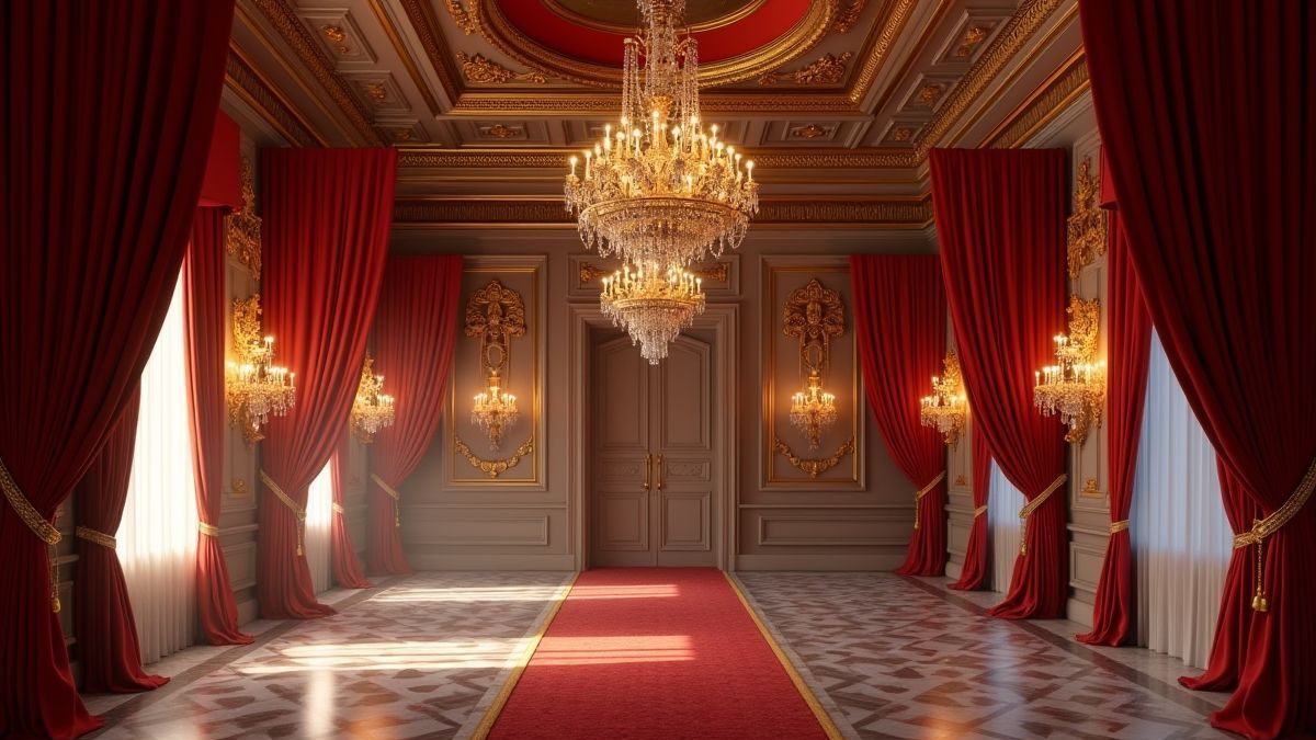 Interior de un palacio real con detalles dorados y elegantes.