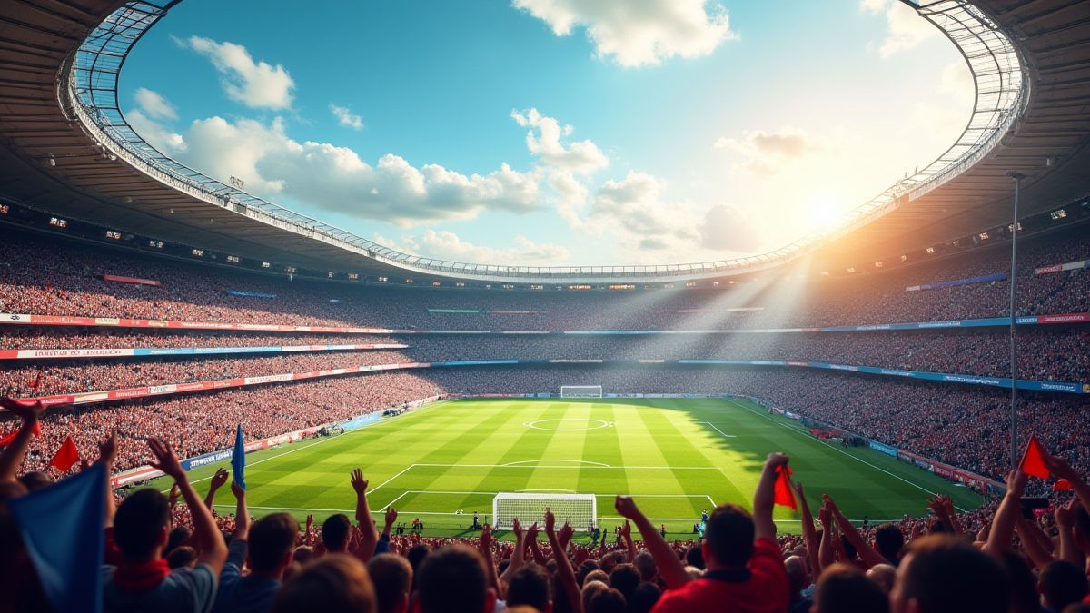 Aficionados en un estadio de fútbol con banderas y pancartas.