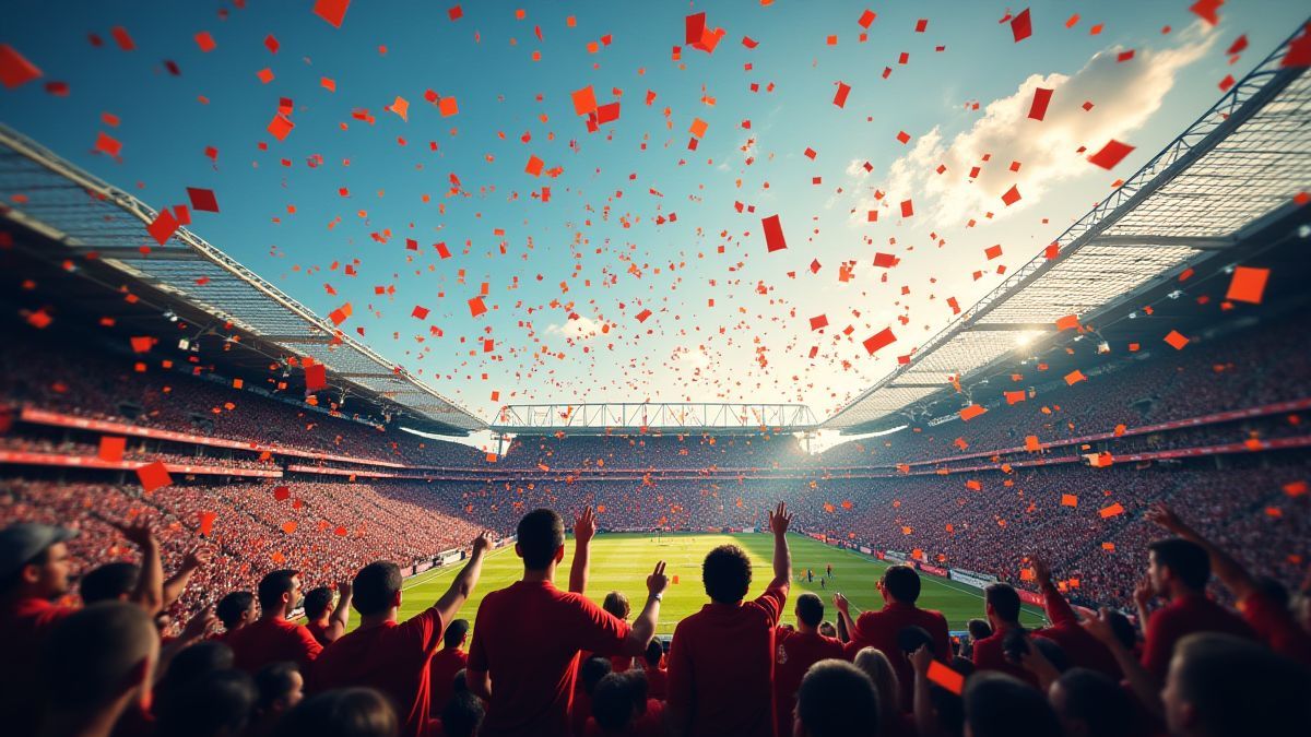 Confeti cayendo en un estadio de fútbol con aficionados celebrando.
