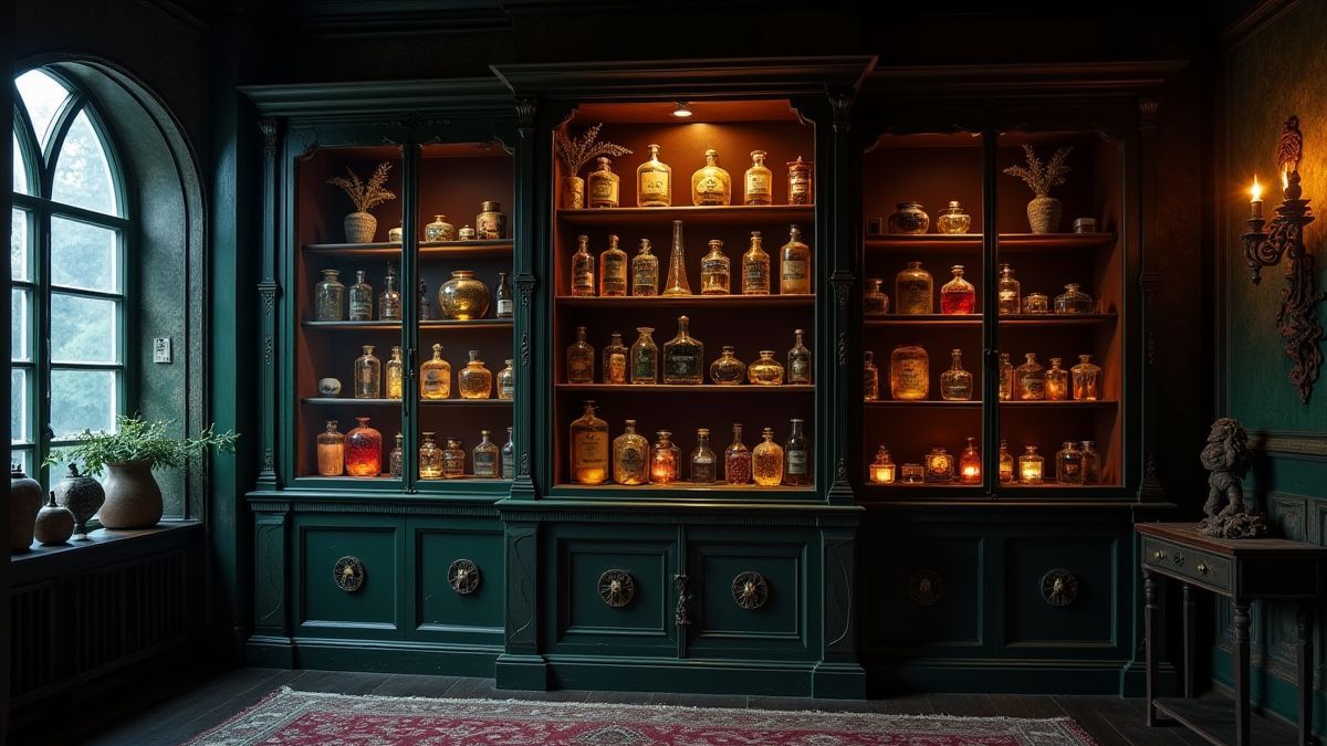 Uma sala vitoriana com um armário mágico cheio de poções luminosas e artefatos misteriosos