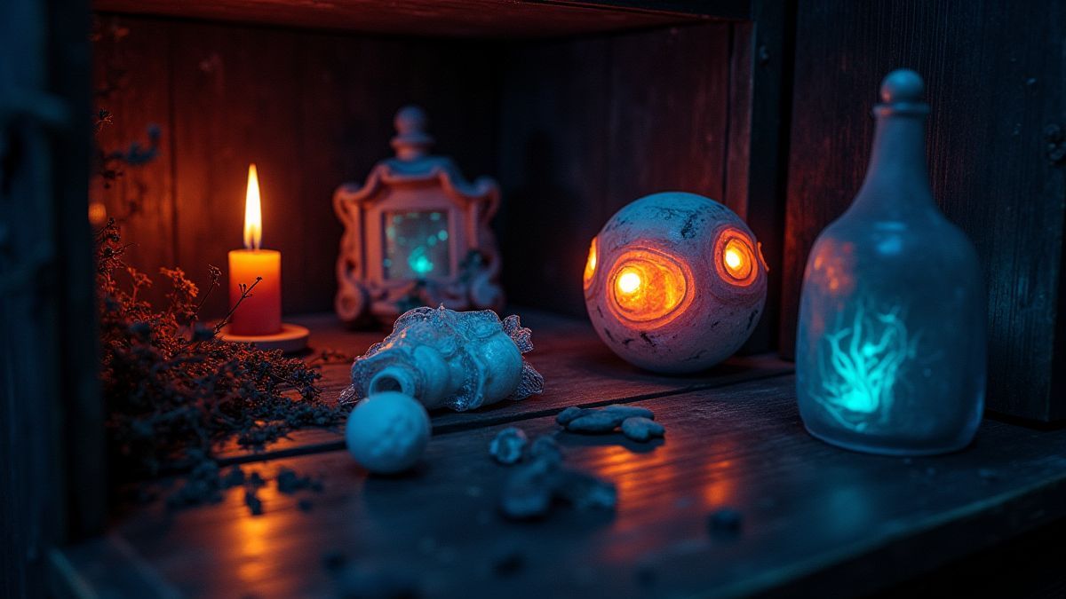 Artefatos luminosos e objetos misteriosos dentro de um armário mágico