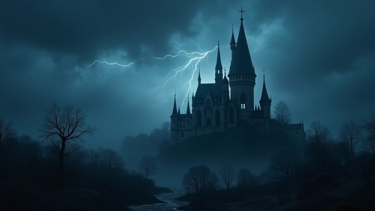 Ein gotisches Schloss unter einem Gewitterhimmel.