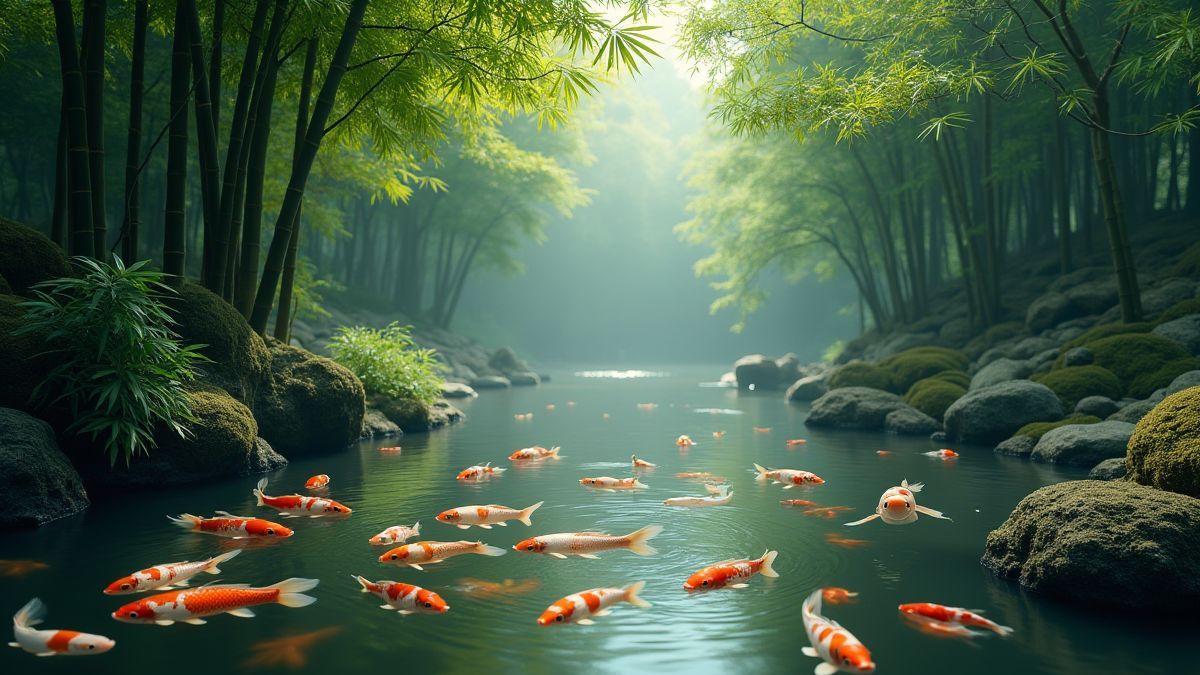 Uma paisagem oriental com peixes koi nadando em um lago.