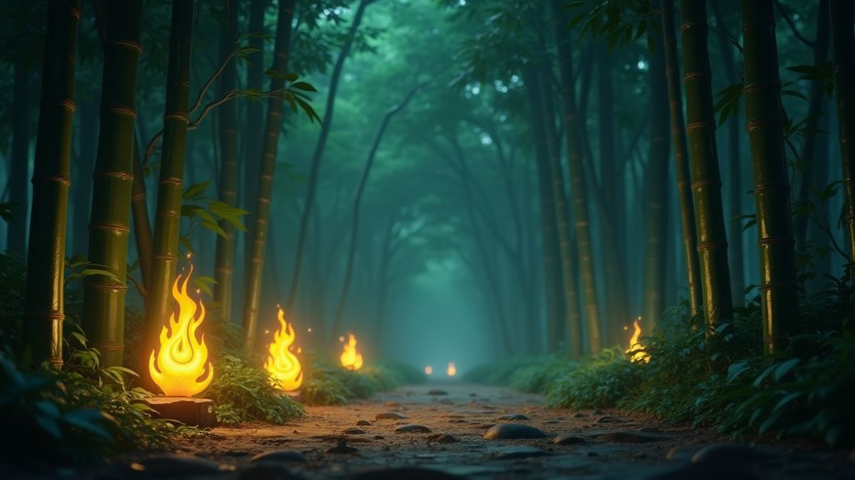 Floresta de bambu animada com símbolos brilhantes.