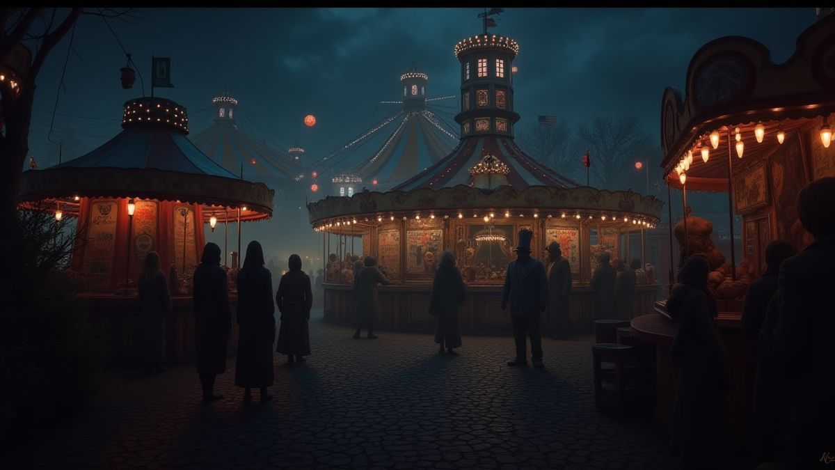 Un carnaval oscuro con luces brillantes y personajes espeluznantes.
