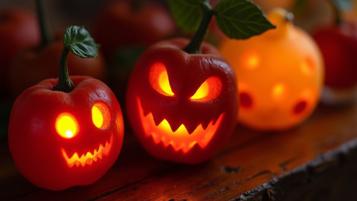 Símbolos de frutas escalofriantes como cerezas flameantes y limones espeluznantes.