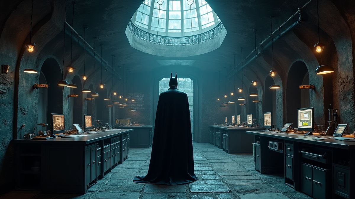 Innenraum der Batcave mit fortschrittlicher Technologie.