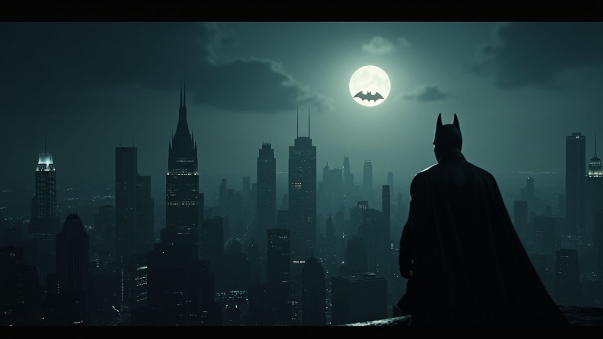 Horizon de Gotham illuminé par le Bat-Signal pendant la nuit.