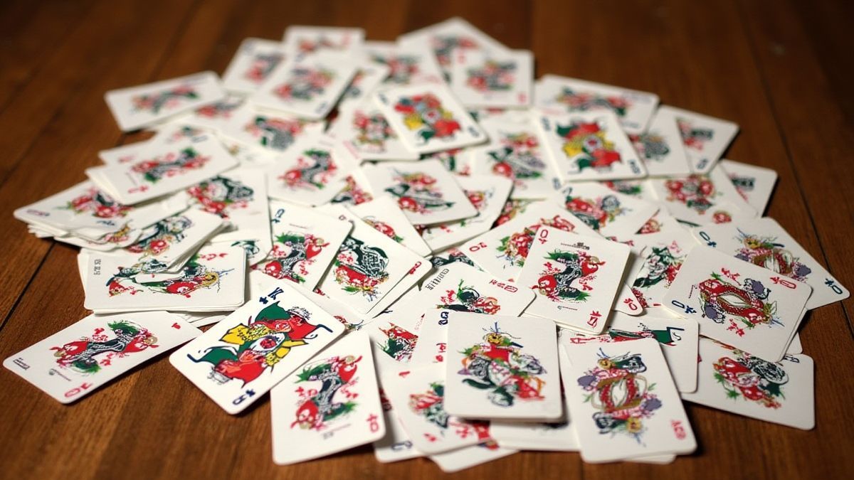 Cartes avec des graphiques du Joker dispersées sur une table en bois.