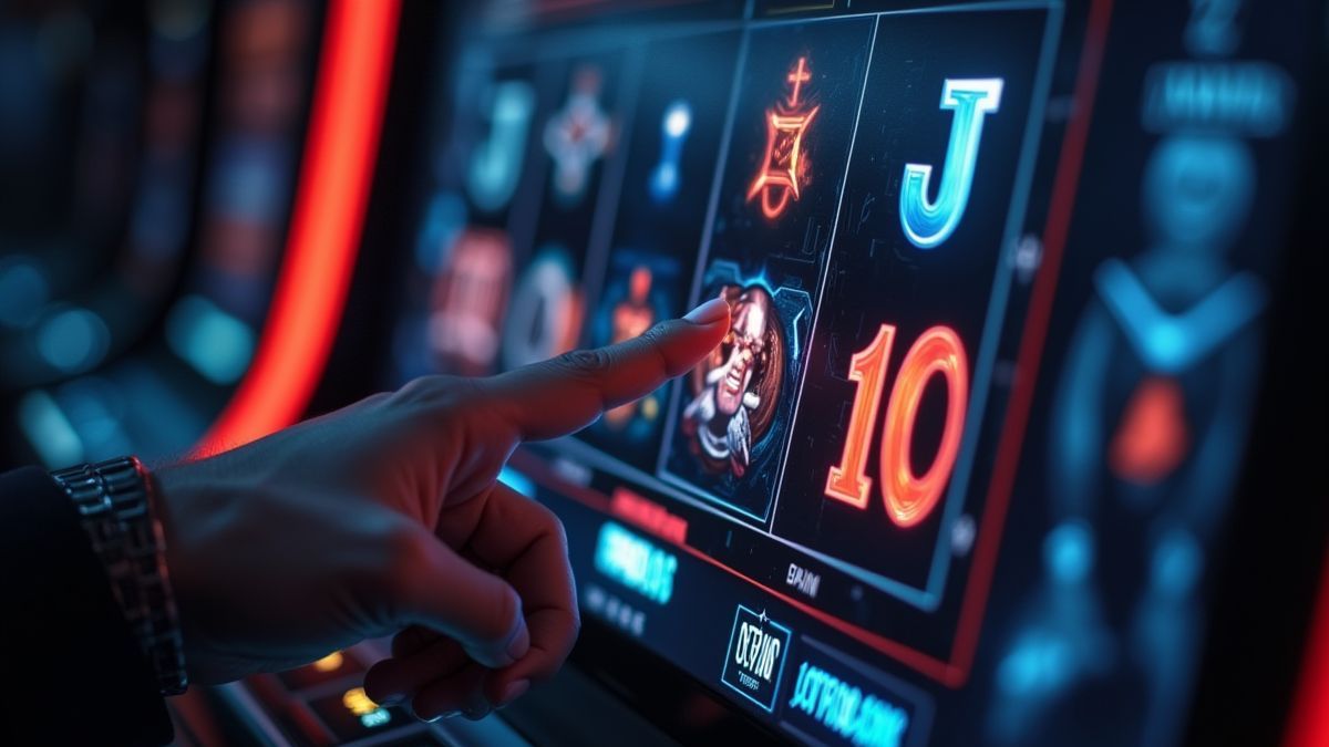 Main appuyant sur le bouton de spin sur une interface de machine à sous de Gotham.