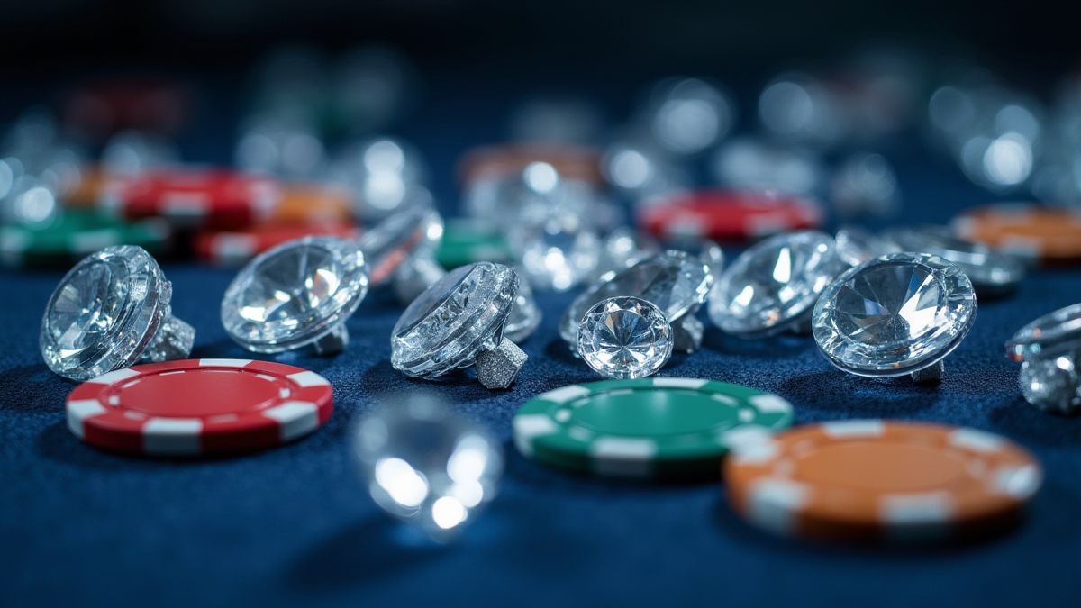 Image de diamants brillants entourés de jetons de casino.