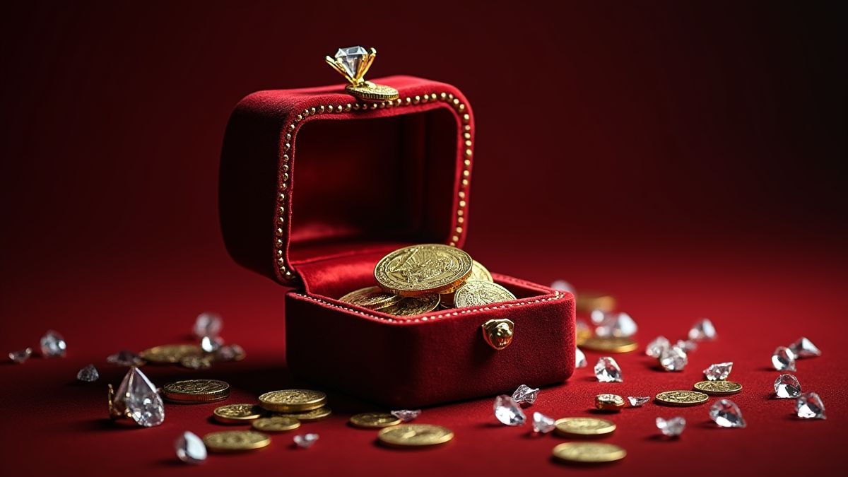 Boîte en velours avec des diamants et des pièces dorées.