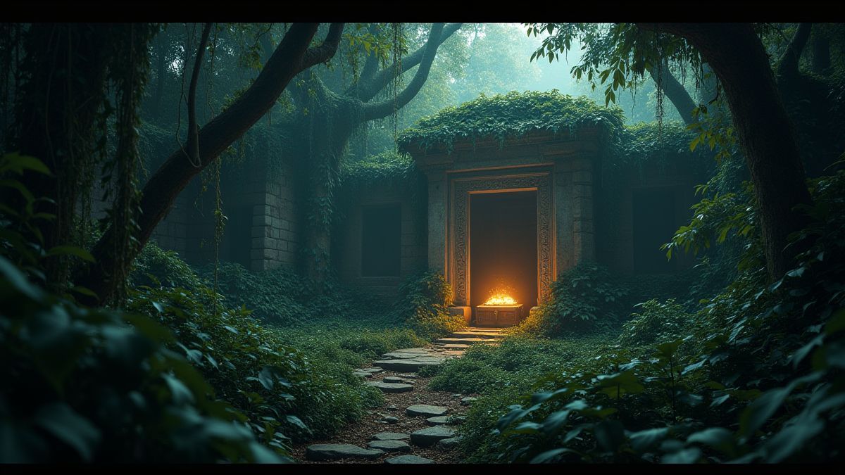 A dense jungle with ancient ruins covered in vegetation and a glowing treasure chest.
