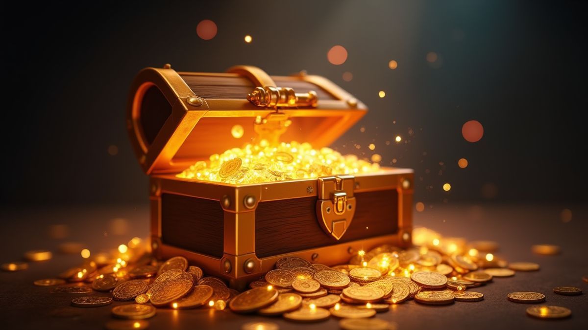 A treasure chest surrounded by shining gold coins and jewels.