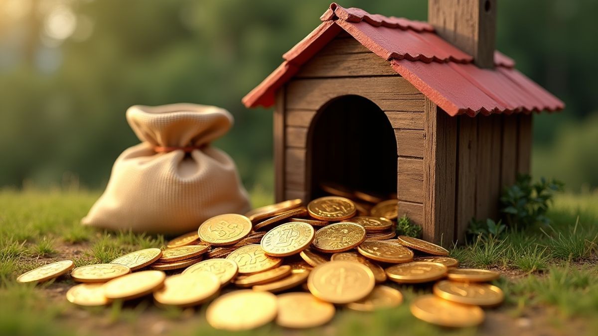 Montón de monedas de oro junto a una casa para perros.