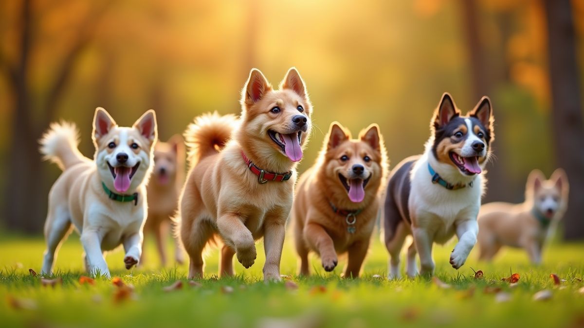Hunde verschiedener Rassen spielen in einem sonnigen, farbenfrohen Park.