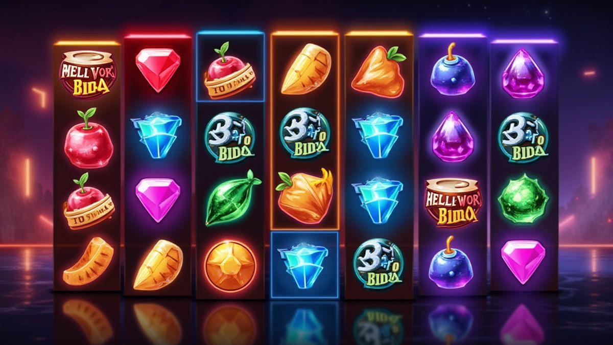 Mehrere Spielfelder leuchten in lebhaften Farben mit Slot-Symbolen.