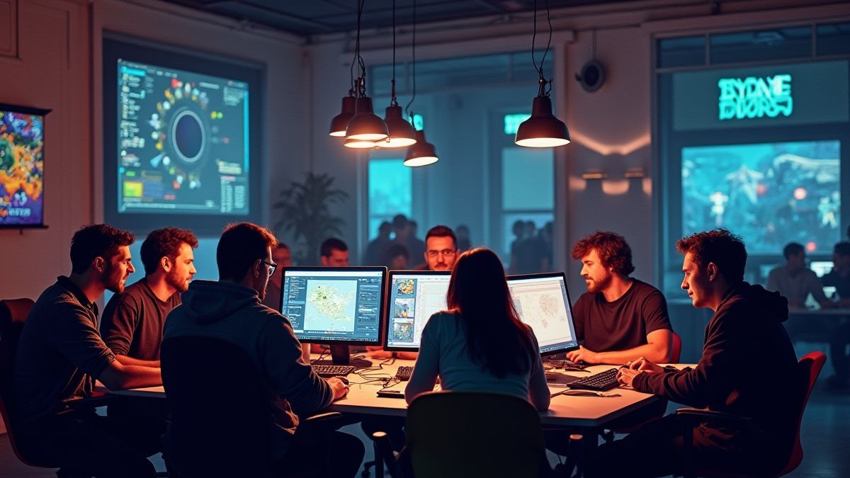 Ein kreativer Arbeitsraum, in dem Spieledesigner innovative Ideen entwickeln.