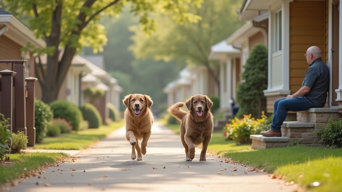 Calle suburbana con perros jugando y descansando.