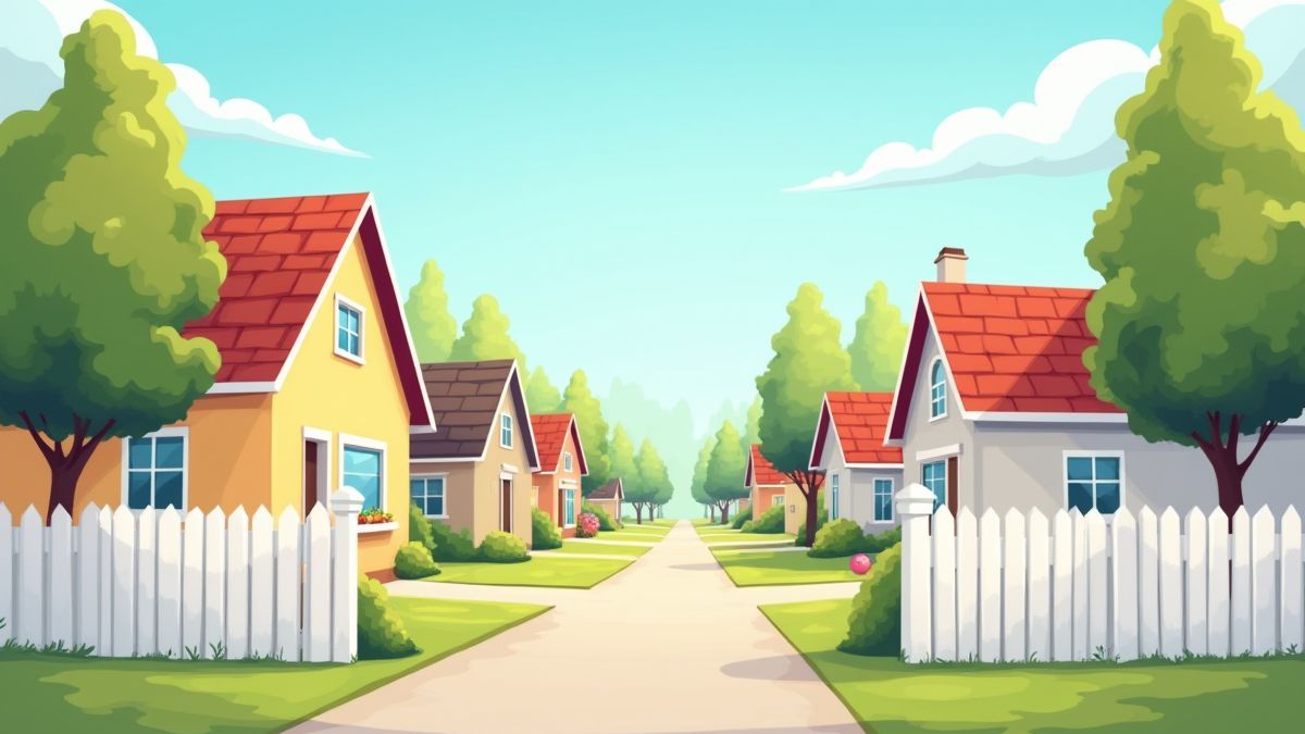 Barrio suburbano con casas estilo caricatura.