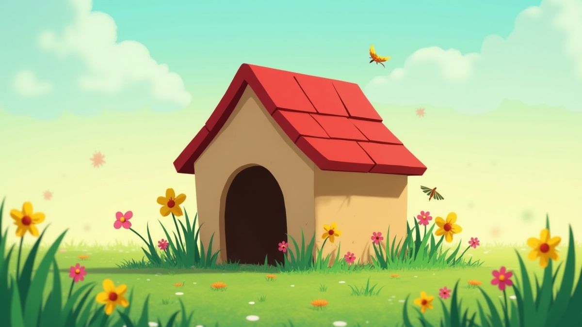 Uma caseta de cachorro animada rodeada de grama e flores.