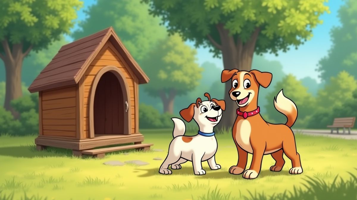 Cena animada de cães brincando em um parque com uma casinha de madeira.