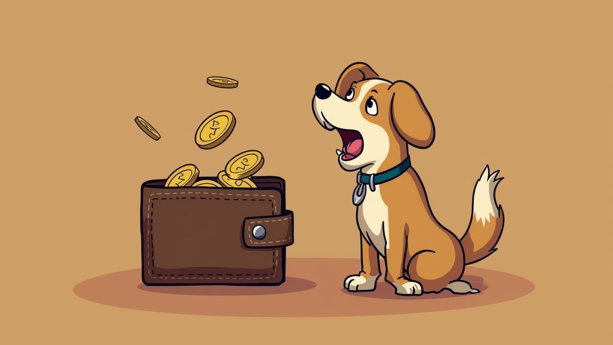 Carteira animada com moedas e um cachorro brincalhão ao lado.