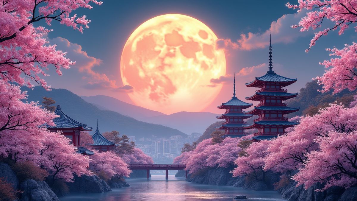 Cherry blossoms and pagodas under a glowing moon.