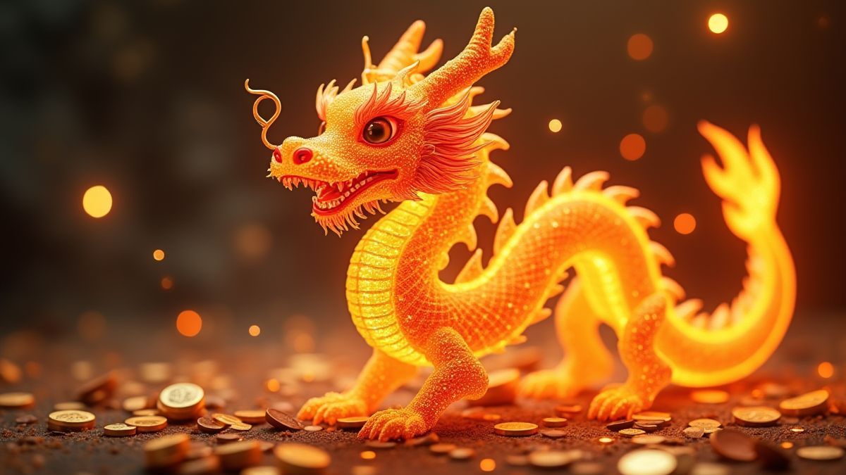 Oriental dragon surrounded by golden coins and mystical lights.