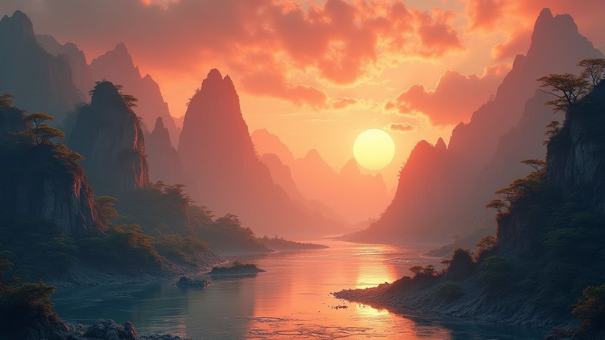 Mystical oriental landscape with rivers and a setting sun.