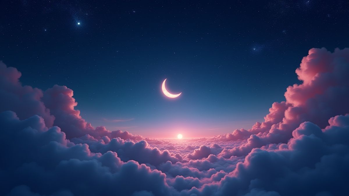 Paisagem surrealista com estrelas brilhantes e uma lua crescente