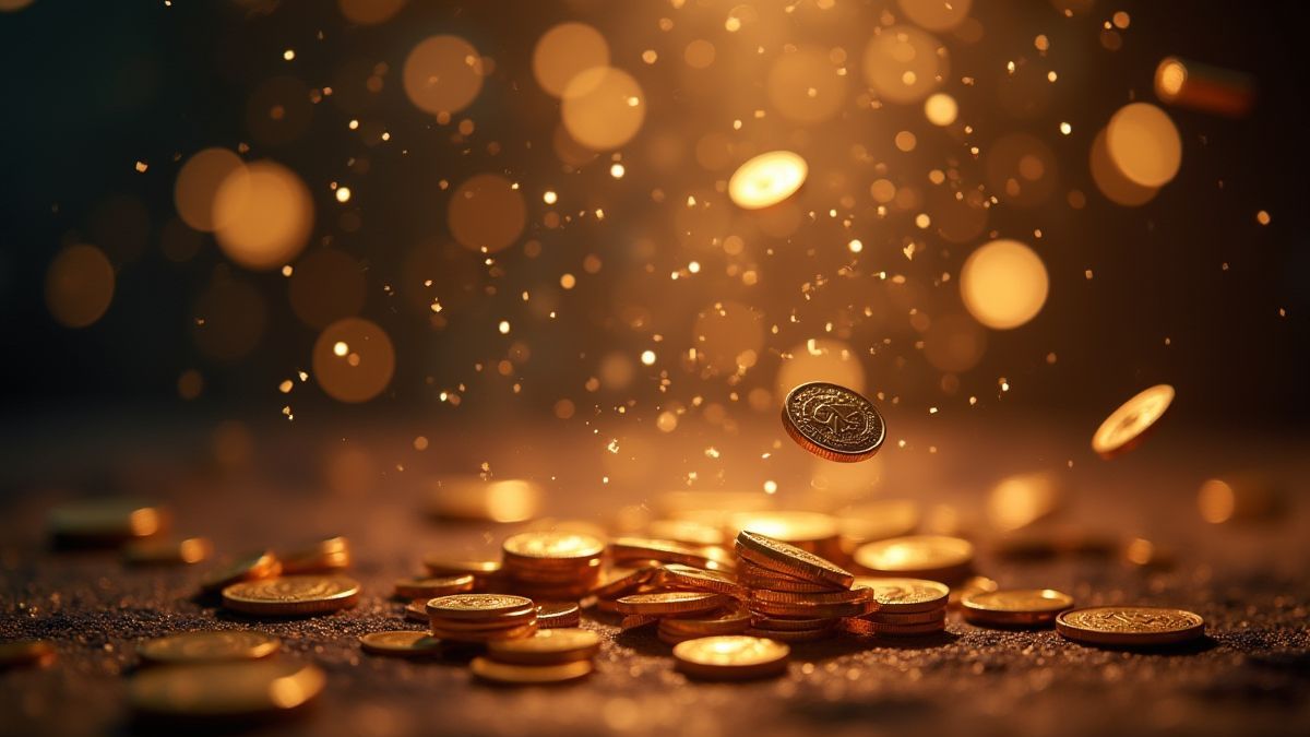 Moedas voando em um ambiente mágico e brilhante