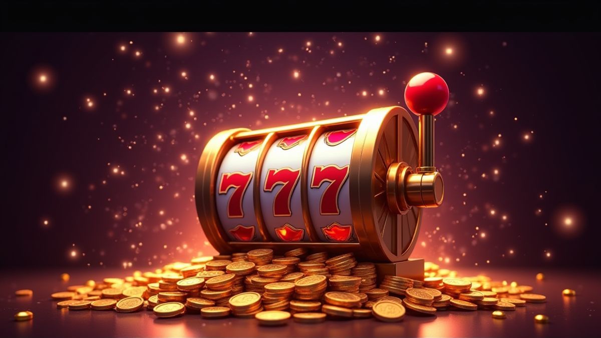Máquina caça-níqueis rodeada de destellos e moedas brilhantes