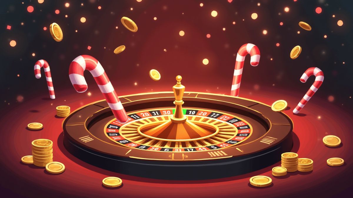 Mesa de casino com moedas e bastões de caramelo.
