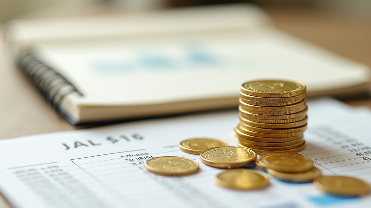 Monedas doradas junto a un cuaderno con cálculos de presupuesto.