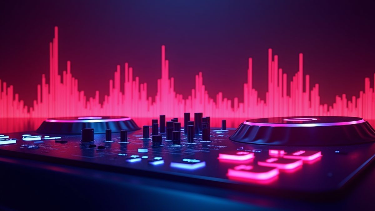 DJ console illuminated by neon lights with soundwaves.