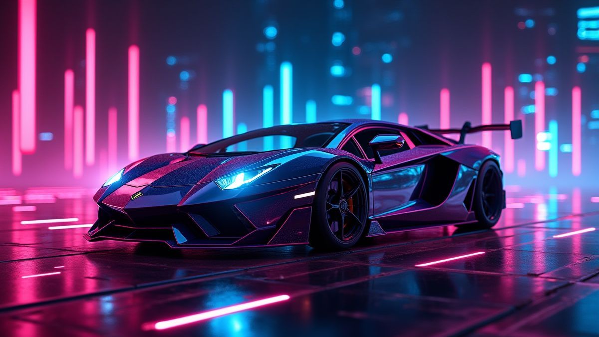 Futuristic sports car with neon lights and soundwave effects.