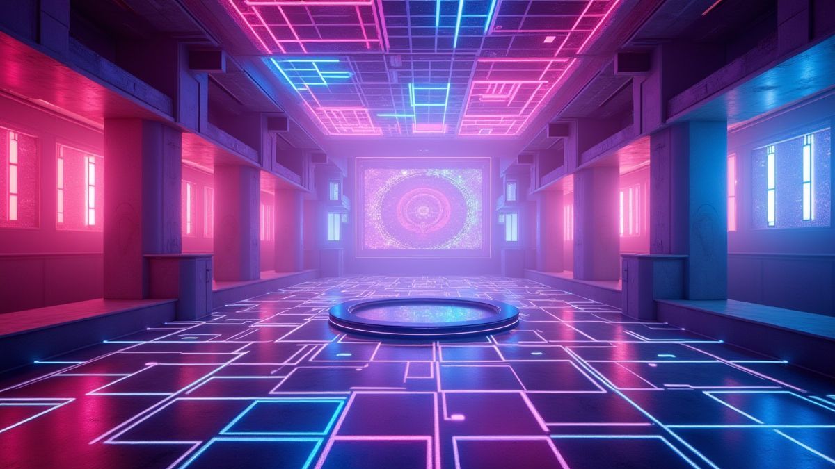 Futuristic nightclub with holograms and a vibrant dance floor.