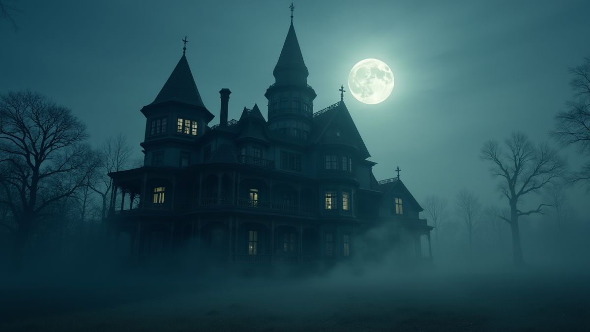 Mansão vitoriana rodeada de névoa sob uma lua cheia.
